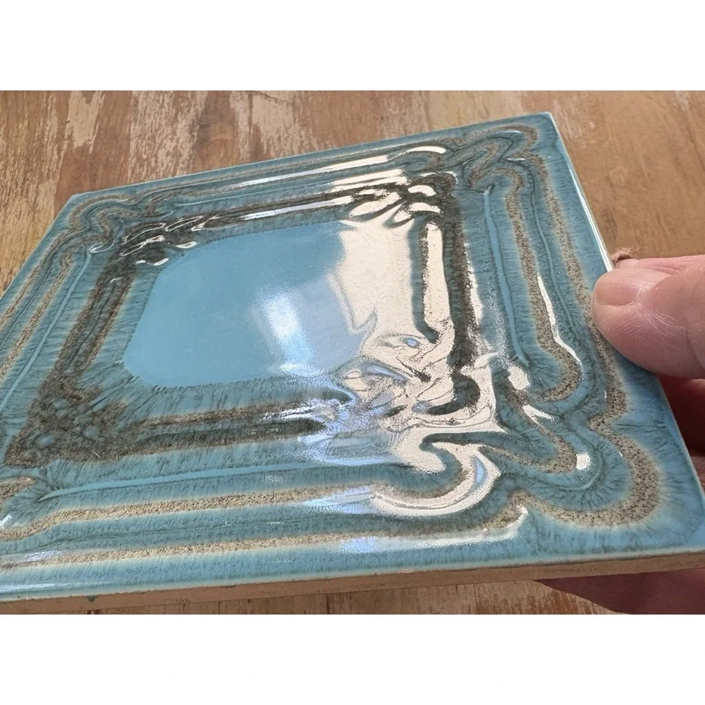 Vintage glazed ceramic art tile turquoise gray black Wessel Germany square